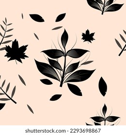 Patrón de hojas tropicales sin foco. Estilo moderno de la moda textil. Follaje negro con fondo pastel para tela. Impresión texturizada de la moda. Impresión de tejido.