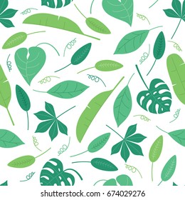 Seamless tropical leaves pattern on white background.