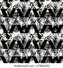 Seamless tropical leaves textile  pattern print .Fashion trendy expressive hand drawn ink strokes.Perfect funky vector background for textile,wrapping, decoration