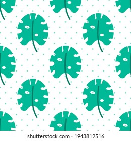 Patrón vectorial de hojas tropicales sin foco. Repetir el fondo del verano con elementos de hoja exótica. Diseño moderno de la huella de la naturaleza de los puntos de la polka blanca. Ilustración moderna.