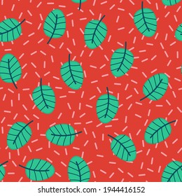 Seamless tropical leaves vector pattern. Repeat summer background with cute leaf elements. Trendy red holiday fashion print design. Modern illustration.