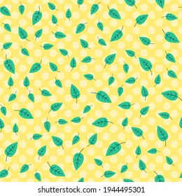 Seamless tropical leaves vector pattern. Repeat exotic summer background with leaf elements. Trendy yellow polka dot fashion print design. Modern illustration.
