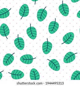 Seamless tropical leaves vector pattern. Repeat summer background with cute leaf elements. Trendy white holiday fashion print design. Modern illustration.