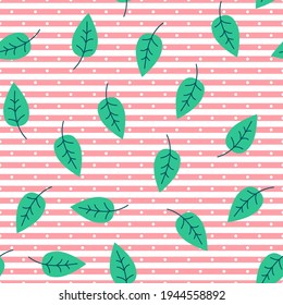 Seamless tropical leaves vector pattern. Repeat exotic summer background with leaf elements. Trendy pink stripe fashion print design. Modern illustration.