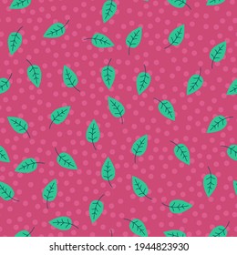 Seamless tropical leaves vector pattern. Repeat exotic summer background with leaf elements. Trendy pink polka dot fashion print design. Modern illustration.