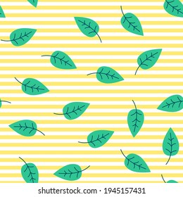 Seamless tropical leaves vector pattern. Repeat exotic summer background with leaf elements. Trendy yellow stripe fashion print design. Modern illustration.