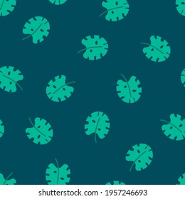 Seamless tropical leaves vector pattern. Repeat summer background with exotic leaf elements. Trendy navy blue nature fashion print design. Modern illustration.