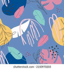Seamless tropical leaves. Wallpaper. Pattern. For banner, postcard and posters. Vector.  Hand drawn doodle elements: dots, circles, doodles.