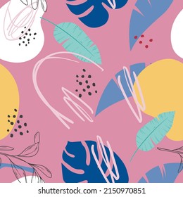 Seamless tropical leaves. Wallpaper. Pattern. For banner, postcard and posters. Vector.  Hand drawn doodle elements: dots, circles, doodles.