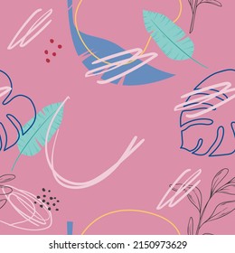 Hojas tropicales sin foco. Fondo de escritorio. Patrón. Para carteles, postales y afiches. Vector.  Elementos de doodle dibujados a mano: puntos, círculos, garabatos.