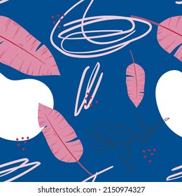 Hojas tropicales sin foco. Fondo de escritorio. Patrón. Para carteles, postales y afiches. Vector.  Elementos de doodle dibujados a mano: puntos, círculos, garabatos.