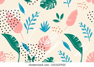 Seamless tropical leaves. Wallpaper. Pattern. For banner, postcard and posters. Vector.  Hand drawn doodle elements: dots, circles, doodles.