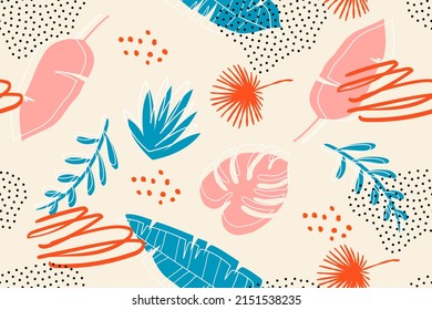Seamless tropical leaves. Wallpaper. Pattern. For banner, postcard and posters. Vector.  Hand drawn doodle elements: dots, circles, doodles.