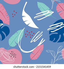 Seamless tropical leaves. Wallpaper. Pattern. For banner, postcard and posters. Vector.  Hand drawn doodle elements: dots, circles, doodles.