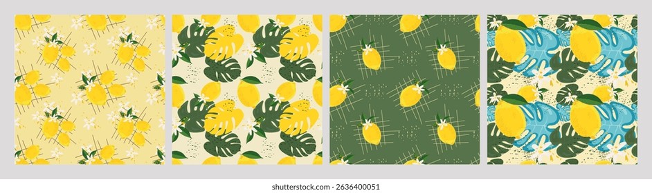 Seamless tropical lemon patterns with bright yellow lemons and lush green leaves. Perfect for summer designs, textiles, wallpapers, packaging, and backgrounds. Fresh, vibrant vector set.