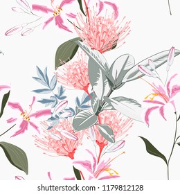 Seamless tropical lilies, protea and other exotic flower pattern background. Tropical flowers and ficus leaves, on light background. Exotic print. Vintage motives.