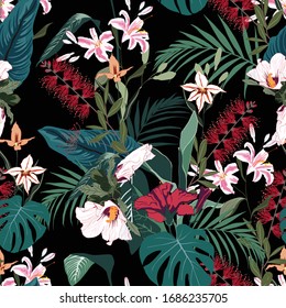 Seamless tropical lilies, protea and other exotic flower pattern background. Tropical flowers and  leaves, on light back background. Exotic print. Vintage motives.