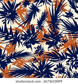 Estilo exótico de tinta vintage de vetor linear tropical sem costura. Branches deixa elementos padrão silhueta padrão silhueta padrão feito à mão para decoração, têxteis, cartões postais, projeto de impressão marrom azul escuro bege