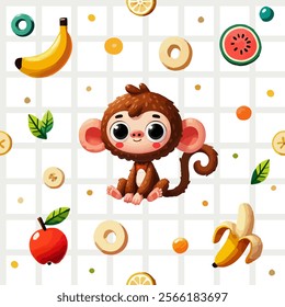 Seamless tropical monkey pattern, cute wildlife, banana, orange, jungle fruits, playful sitting pose, cheerful universal vibrant design, kid friendly, fun colorful repeat, simple decorative nature ado