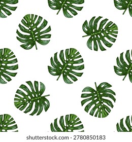 Seamless tropical monstera leaf pattern in vintage engraving style. Hand drawn green botanical foliage with detailed sketch texture isolated on light background. Exotic jungle plant vector pattern for textile, wallpaper and wrapping paper design.