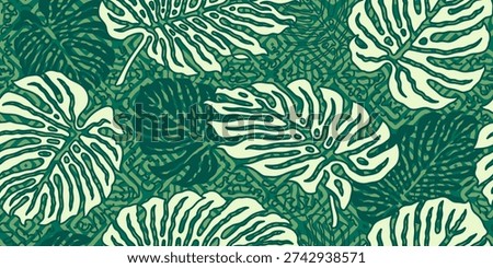 Seamless tropical monstera leaf pattern in earthy green tones with tribal inspired geometric background. Modern botanical vector ideal for fabric, wallpaper, packaging, and interior decor.