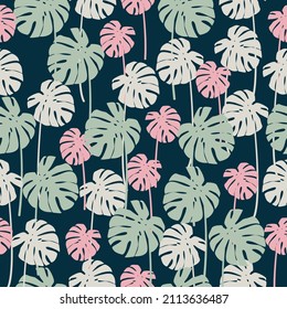 Seamless tropical monstera leaves pattern. Vector flat style
