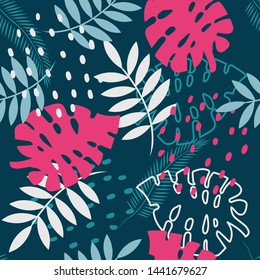 Seamless Tropical Monstera and Palm Leaves Pattern.