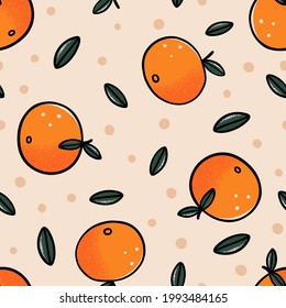 Seamless tropical orange pattern with leaves and abstract dots vector illustration