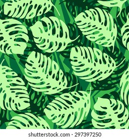 Seamless tropical ornament. Monstera leaves on green wave background pattern.