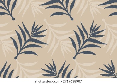 Nahtloses tropisches Palm Ikat Muster auf neutralem beigem Hintergrund. moderner botanischer Stil mit einer handwerklichen, ethnischen Ästhetik, ideal für Stoffdruck, Mode, Hausdekoration, Tapete, Packpapier