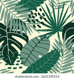 Seamless tropical palm leaf pattern for fabric, textile and fashion design with monstera and banana leaves on light background. Vector illustration