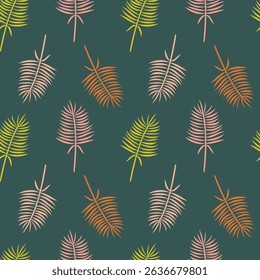 Seamless Tropical Palm Leaf Pattern with Colorful Foliage on Dark Teal Background, Exotic Summer Jungle Design for Fabric, Wallpaper, and Wrapping Projects