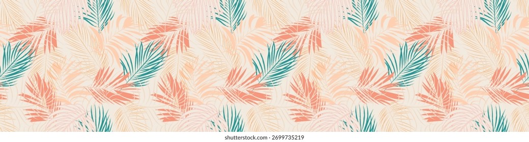 Patrón de hoja de palma tropical sin fisuras en Colores pastel. 

Fondo botánico boho moderno de la repetición del verano. Fondo beige con Abstractas hojas de palma. Diseño de follaje exótico dibujado a mano