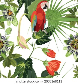 Seamless tropical palm leaves, flowers, red ara parrot bird. Jungle leaves  floral pattern on white background.