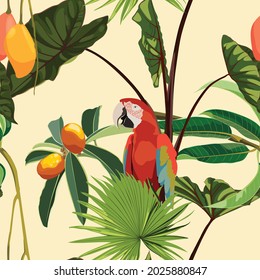 Seamless tropical palm leaves, fruits, red ara parrot bird. Jungle leaves  floral pattern background.