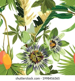 Seamless tropical palm leaves, Passiflora flowers and mango fruits. Jungle leaves  floral pattern on white background.