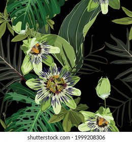 Seamless tropical palm leaves, Passiflora flowers. Jungle leaves  floral pattern on black background.