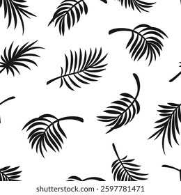 Seamless Tropical Palm Leaves Pattern. Black Silhouette Exotic Foliage On White. Vector Botanical Nature Illustration. Jungle Leaf Decorative Textile, Wallpaper, Fabric, Wrapping Paper Design