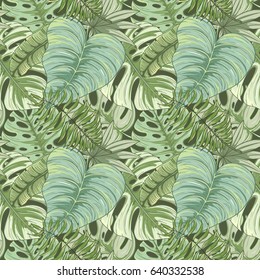 Seamless tropical palm leaves pattern. Summer endless hand drawn vector background of areca palm, banana leaves, monstera, fan palm can be used for wallpaper, wrapping paper, textile printing