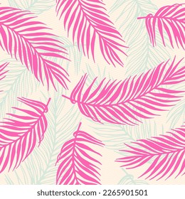 Seamless tropical palm leaves vector pattern. Floral elements over waves texture background. Bright palm tree leaves wallpaper. Plant leaves closeup pattern. Contrast foliage wrapper.