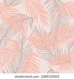 Seamless tropical palm leaves vector pattern. Botanical elements over waves texture backdrop. Vintage palm tree leaves illustration. Plant leaves nature pattern. Subtropical foliage.