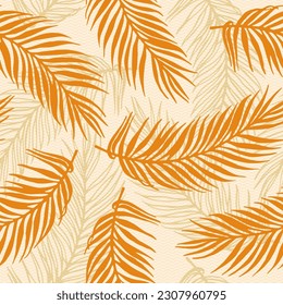 Seamless tropical palm leaves vector pattern. Floral design over waves texture backdrop. Organic palm tree leaves wallpaper. Plant leaves closeup design. Royal palm fabric print.