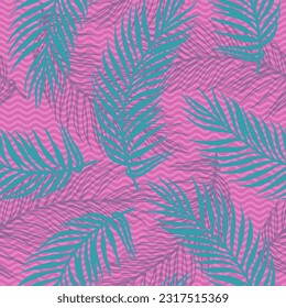 Seamless tropical palm leaves vector pattern. Floral design over waves texture backdrop. Abstract palm tree branches illustration. Plant leaves greenery design. Rainforest background.