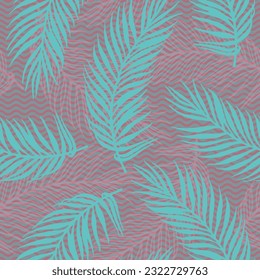 Patrón vectorial de hojas tropicales de palma sin foco. Diseño floral sobre fondo de textura de olas. Resumen ilustrativo de hojas de palmera. Patrón de hojas grandes. Antecedentes del afiche de viajes.