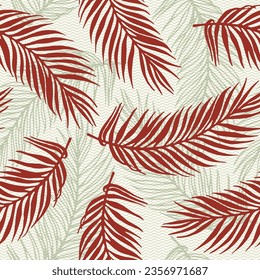 Seamless tropical palm leaves vector pattern. Botanical design over waves texture background. Chic palm tree branches print. Plant leaves greenery design. Rainforest background.