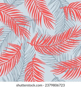 Patrón vectorial de hojas tropicales de palma sin foco. Elementos florales sobre fondo de textura de ondas. Ilustración de las ramas de palmera de moda. El herbario deja diseño de verano. Follaje subtropical.