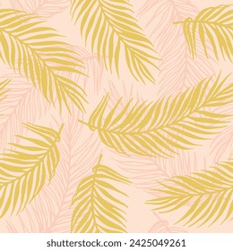 Seamless tropical palm leaves vector pattern. Botanical design over waves texture background. Bright palm tree leaves illustration. Plant leaves nature pattern. Contrast foliage wrapper.