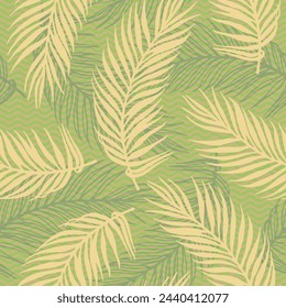 Seamless tropical palm leaves vector pattern. Botanical design over waves texture background. Organic palm tree branches wallpaper. Herbarium leaves greenery pattern. Royal palm fabric print.