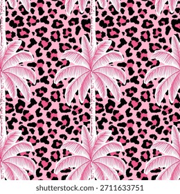 nahtloses tropisches Palmmuster mit fett rosafarbenem Leopardenhintergrund für stylische Sommerdesigns