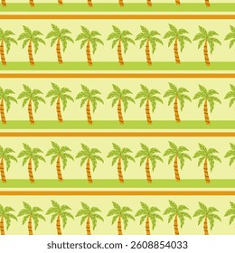 Seamless tropical palm tree pattern on green and yellow stripes.